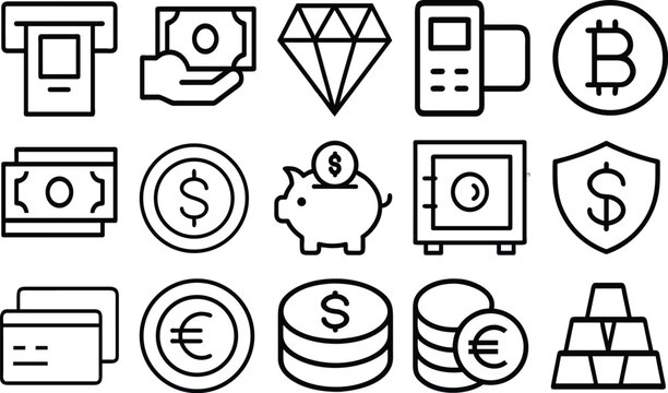 Business banking set featuring currency, credit-card, dollar, euro, investment, savings, wealth and more vector illustration with editable stroke.