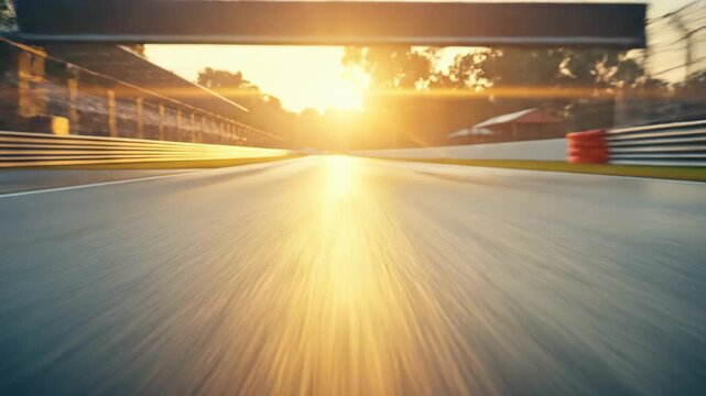 POV perspective at high speed, racing track motion blur, golden hour sunlight streaking, dynamic movement, automotive concept, adrenaline rush, outdoor circuit, swift progression, rapid travel,