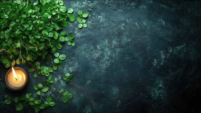 Imbolc and St Brigid's Day spiritual observance, with a radiant candle flame amidst fresh green foliage, symbolizing early spring purity, renewal, and hopeful new beginnings
