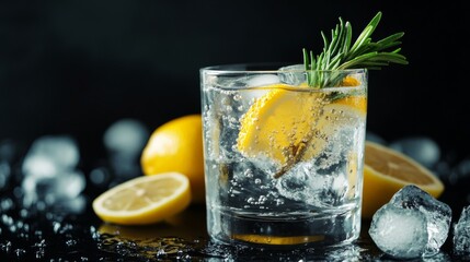 A glass of lemonade with a lemon slice on top. There are also some ice cubes in the glass