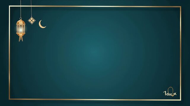 Elegant gold frame with lantern and crescent moon on dark teal background