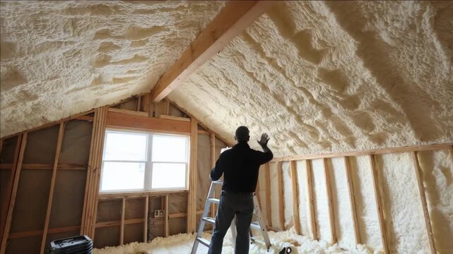 Contractor fitting rigid foam boards in attic rafters of an older public building to upgrade insulation and enhance indoor climate control.