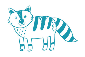 Obraz premium Teal outlined cartoon raccoon with stripes and spots confidently stands on a white background