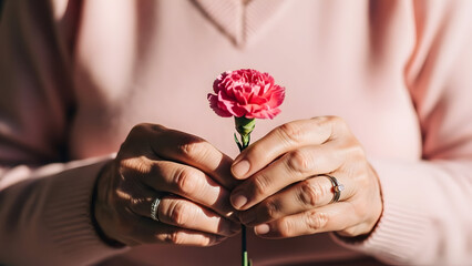 A person gently holding a delicate pink flower