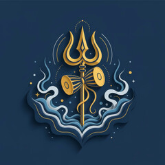 Elegant golden Shiva Trishul with Damru drum on a dark blue background. Layered paper cut style illustration with smoke and celestial elements for Mahashivratri and spiritual design.