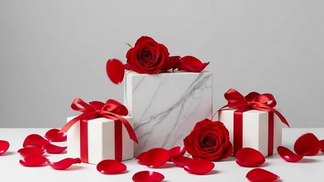 Gifts and roses arranged on white marble block with red ribbons and petals on a plain background.