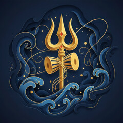 Elegant golden Shiva Trishul with Damru drum on a dark blue background. Layered paper cut style illustration with smoke and celestial elements for Mahashivratri and spiritual design.