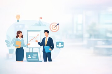 Modern business hr scene in abstract office with minimalist flat characters and growth icons