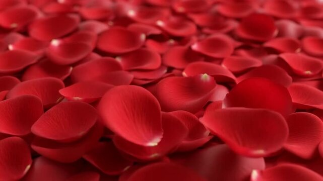 The image shows a romantic arrangement of numerous red rose petals on a surface.
