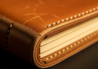 Luxury Brown Leather Bound Book with Visible Pages, Macro Detail of Craftsmanship and Vintage Texture
