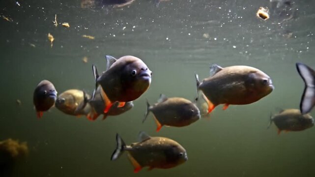 School of piranhas swimming in murky water with vibrant orange fins