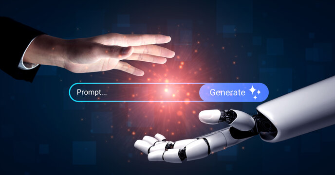 Human and Robot Hands Reaching Toward Each Other Next to a Prompt Box Emphasizing Collaboration between Technology and Humanity in Creative Generation Gantry. - Powered by Adobe