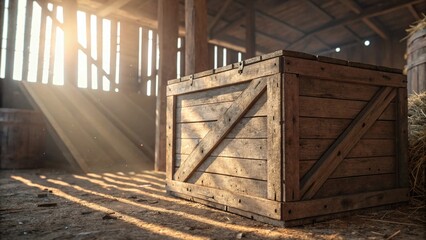 Rustic wooden crate in sunny barn interior with hay