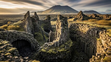 Obraz premium Dramatic landscape with ancient rock formations and a distant mountain peak