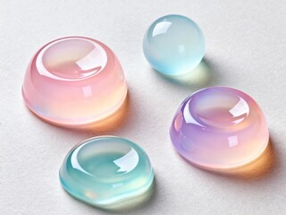 Translucent colorful jelly texture beads on white background. Glossy pastel glass domes or gemstones with soft gradient colors. Abstract macro composition