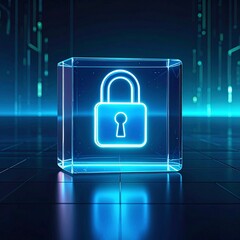 Neon Blue Lock in a Transparent Cube on a Dark Floor