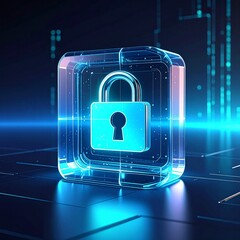 Glowing Blue Digital Lock on Cyber Security Background