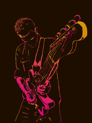 A man playing an electric guitar against a dark background. This vector sketch illustration is done in yellow and purple colors. Perfect for your music-themed designs, including rock performances.