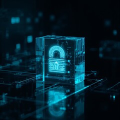 Digital padlock on a futuristic blue cube with glowing lines