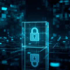 Digital padlock in a futuristic cyber security concept with blue lights