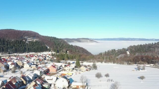 Panoramic view of town of Delnice in Gorski kotar in Croatia in winter
