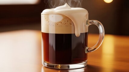 Delicious hot coffee beverage with creamy foam and steam rising gently in a clear glass mug