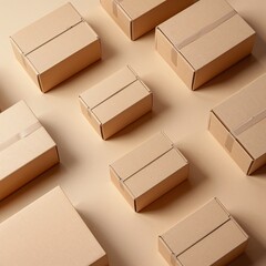 Brown cardboard boxes on beige background for shipping and storage