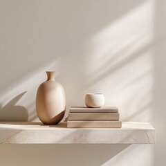Minimalist home decor with vase and books on shelf