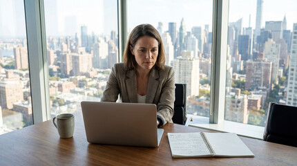 Fototapeta premium Office horizontal banner with business woman working at laptop by window with city view. Notebook and mug on desk. Modern minimalist interior, successful professional, urban business style.