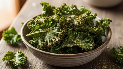 Deliciously crispy oven baked kale chips sprinkled with salt are presented in a rustic bowl