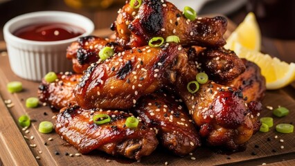 Deliciously glazed chicken wings covered in sesame seeds and green onions served with dipping sauce