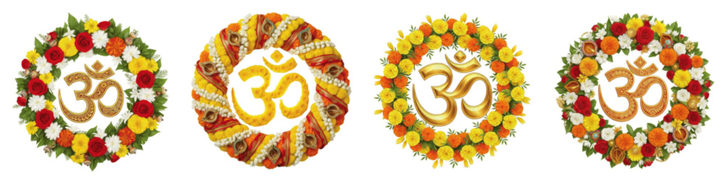 golden om symbol in floral wreaths, isolated hindu aum sign with marigold and rose flower garlands, spiritual indian decor, yoga meditation art, png white background