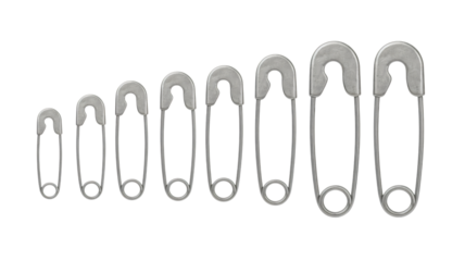 Safety Pins in Various Sizes in Minimalist Style with Soft Gray Color on White Background for Office Supplies
