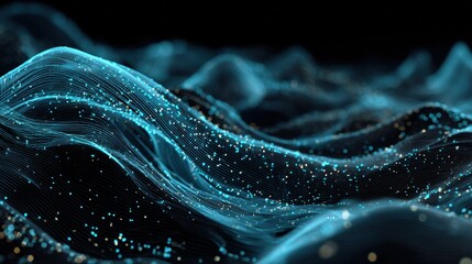 Abstract Digital Technology Background Featuring Glowing Blue Fiber Optic Lines and Shimmering Particle Waves Representing Big Data Network Connectivity Artificial Intelligence and Cyber Space