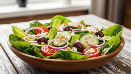 Fresh and Healthy Greek Salad Packed With Vegetables and Olives in a Bowl