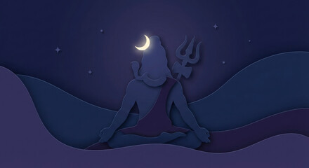Serene meditation of Lord Shiva in a blue monochromatic paper cut style with crescent moon and trident under a starry night sky. Peaceful spiritual yoga and mindfulness concept illustration.