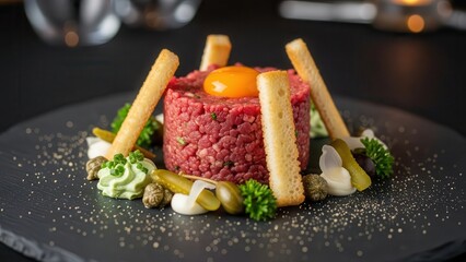 Gourmet beef tartare appetizer with raw egg yolk and crispy breadsticks on a slate platter