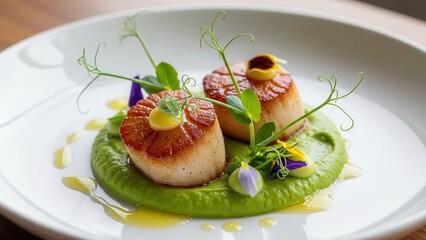 Gourmet pan seared scallops served on a bed of vibrant green pea puree with delicate microgreens and edible flowers