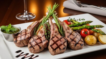 Gourmet grilled lamb chops with roasted vegetables and fresh herbs presented elegantly on a white platter