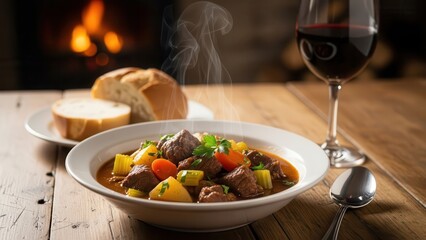 Hearty steaming beef stew with root vegetables and fresh bread served with red wine