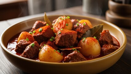 Hearty beef stew with potatoes and paprika seasoned with bay leaves and garnished with chives