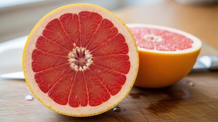 Juicy pink grapefruit halves displayed on a wooden cutting board with a knife nearby