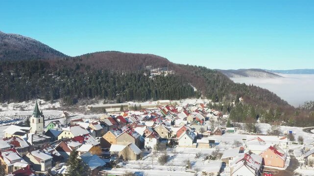 Panoramic view of town of Delnice in Gorski kotar in Croatia in winter
