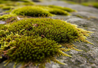 Green Moss Growing on Stone Surface, Fresh Natural Texture and Organic Forest Macro Background