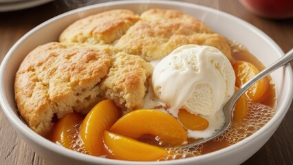 Warm peach cobbler with melting ice cream served in a white bowl with a spoon