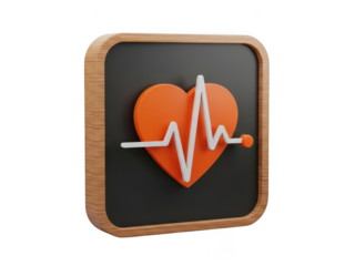 Bright Orange Heart with White E C G Line in Wooden Frame on Black Background