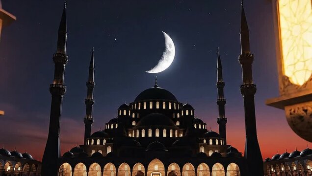 Sunset illuminates historic mosque with hanging lamps , 4k vedio