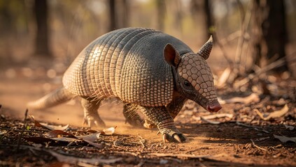 Obraz premium Armadillo Walking on Dry Forest Floor – Wildlife Photography with Natural Light and Detailed Armor Texture
