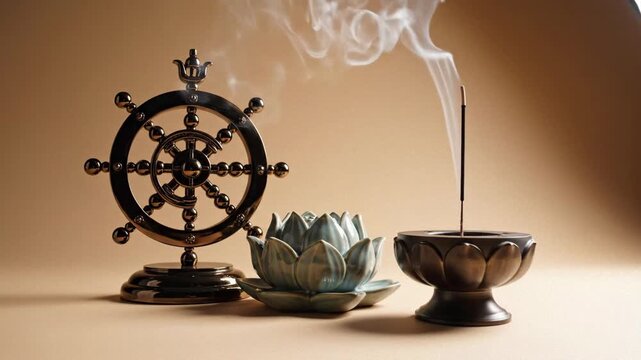 Golden Dharmachakra Wheel Beside Teal Lotus Incense Holder With Smoking Incense Stick On Textured Beige Background Spiritual Serenity Concept