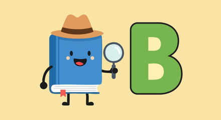 Cute cartoon blue book character wearing a detective hat holding a magnifying glass next to letter b on white background
